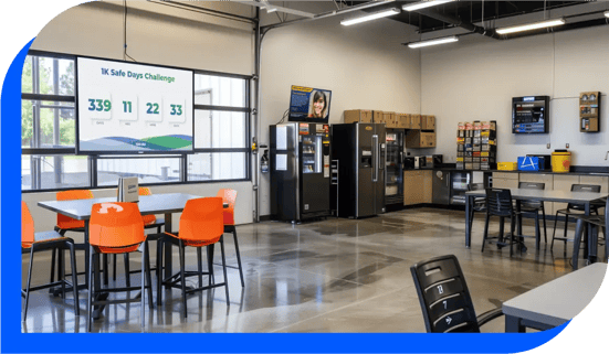 A digital safety scoreboard in a break room counting up to 1,000 safe days.