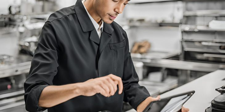 A male employee using a table for work.