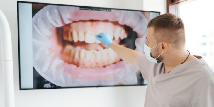 A dentist looking at a photo of a patient’s teeth on a digital screen.