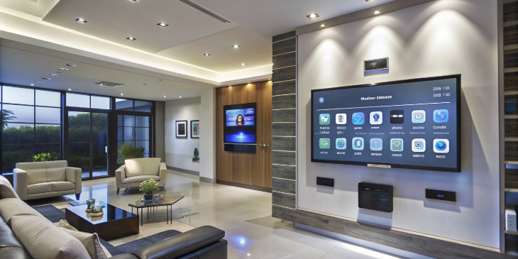 Modern living room with digital signage on the wall.