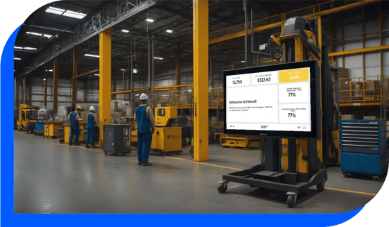 A TV dashboard mounted in a large factory setting showing revenue, users, and a message to employee