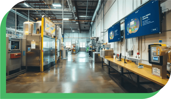 Two digital scoreboards in a manufacturing facility showing key information for the next safety meeting