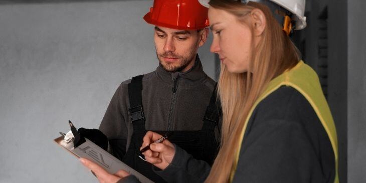 Two coworkers practicing a safety training program.