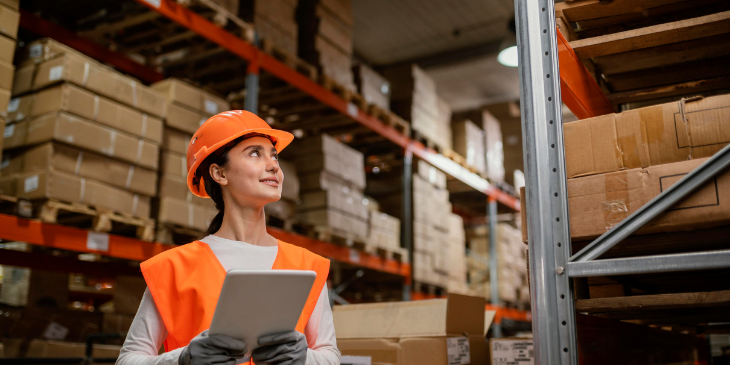 A woman in the warehouse checking the tablet.