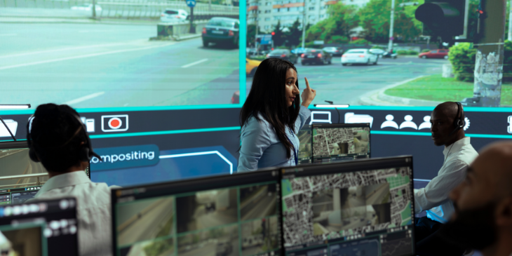 A woman showing digital signage.
