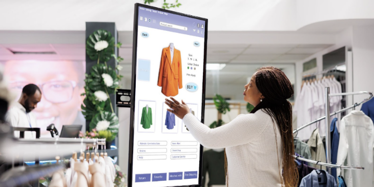 Woman in a clothing store looking at digital signage.