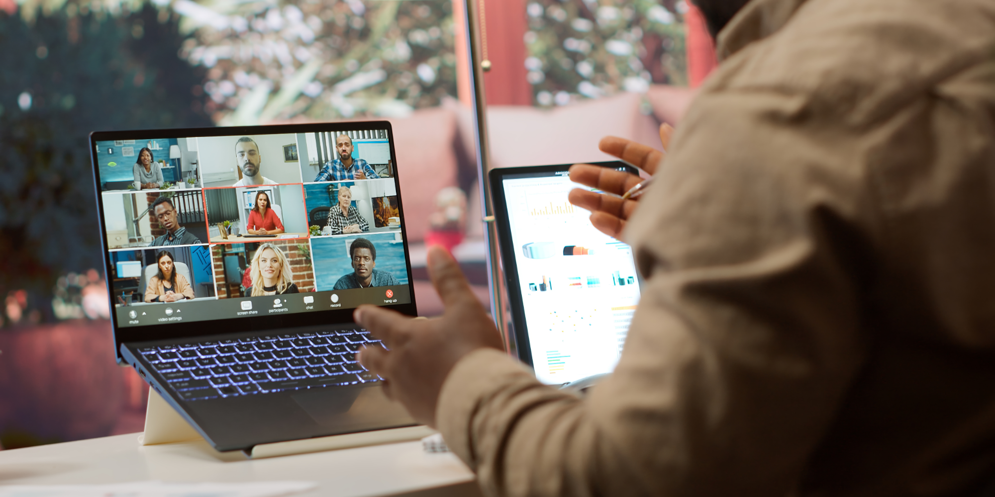 A man is having a video call with friends.